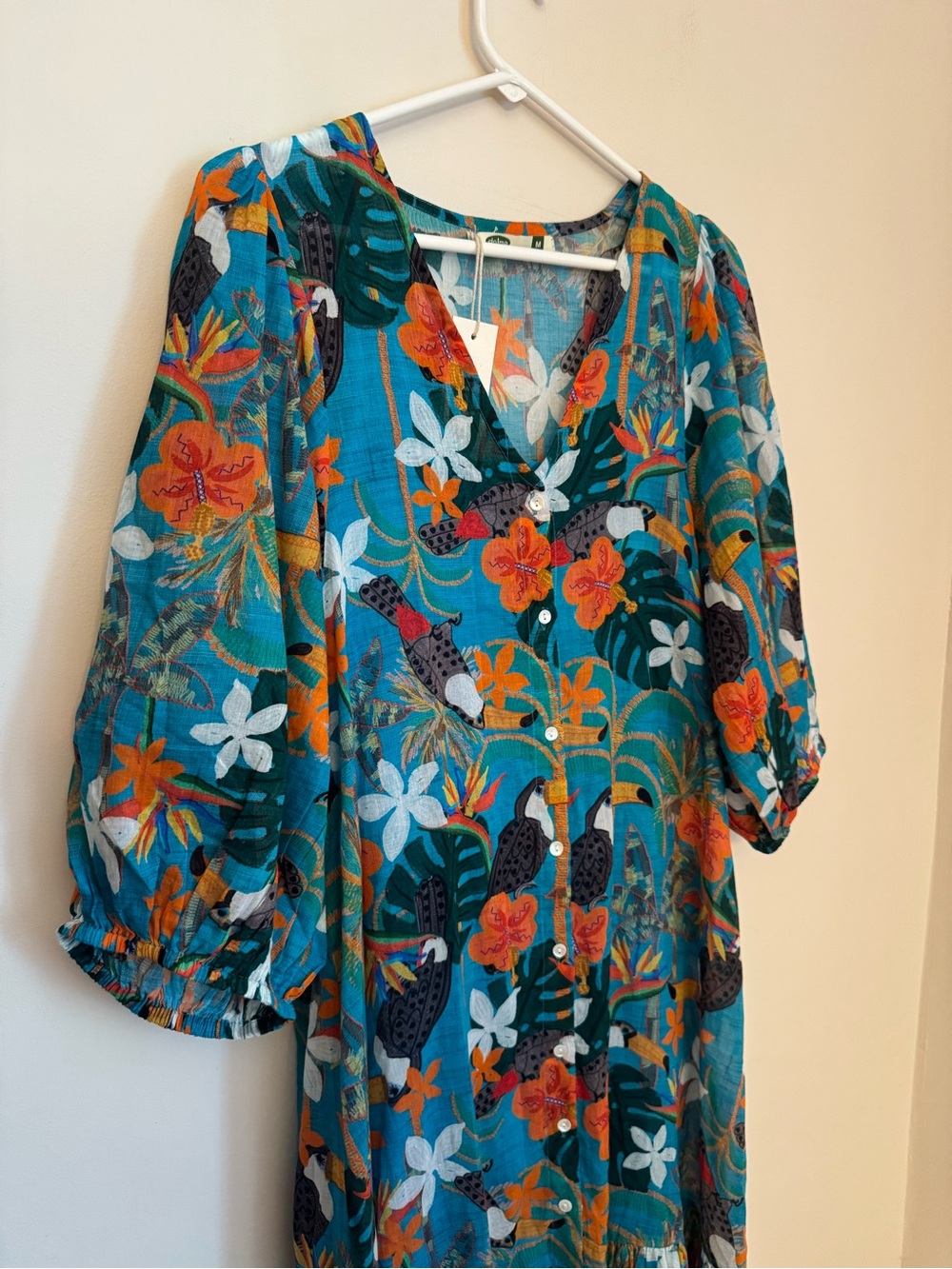 Dolma Women’s Medium Gauze Cotton Tropical Toucan Print Midi Dress NWT Boho - Picture 3 of 8